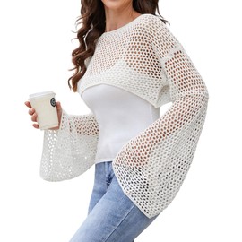 ETOSELL Women Long Sleeve Y2K Crop Tops Hollow Out Crochet Shrug Bolero top See Through Loose Cover Up Mesh Pullover White