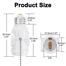 DiCUNO E26 Light Socket to Plug Adapter, 2 Polarized Outlet Bulb Splitter, UL Listed, Pull Chain Switch Control Light Bulb, Standard (Medium) E26 Base to 2-Prong Outlets Converter, White, 4-Pack