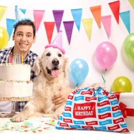 2 Pieces 20×16 inch Large Birthday Drawstring Gift Bag Canvas Gift Bags with Drawstring Printed with Red and Blue Happy Birthday Flags Drawstring Gift Bag for Kids Grandchildren Friends