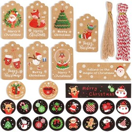 100 PCS Etiquetas Papel Kraft Navideñas para Regalo con 32 Etiquetas Adhesivas de Navidad, Etiquetas de Navidad Colgantes con 2 Colores para Cuerda, para la Decoración de Regalos de Navidad