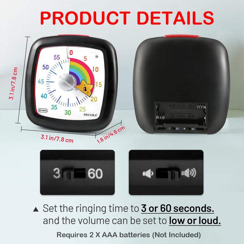 Secura 60-Minute Visual Timer, Silent Study Timer for Kids and