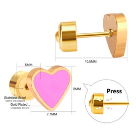 20g Heart Love Pink Red Enamel Tiny Small Stud Earrings for Women Stainless Steel Hypoallergenic Cute Cartilage Tragus Piercing Post Safety Backs Sleeper Little Studs Gift (Gold Pink)