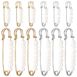 HINZIC 12Pcs Pearl Brooch Safety Pins 2.7inch 1.45 inch Gold Silver Faux Clothing Charms Fashion Pants Clips to Tighten Waist Large Sweater Shawl Pins for Women Socks Dress Decorative Accessories