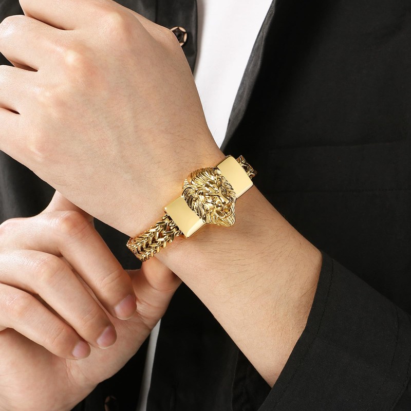 Klapgo Lion Head Men's Bracelet Gold Tone Stainless Steel Cuban