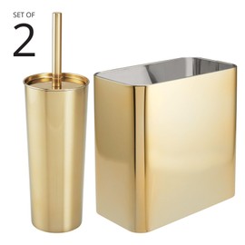 mDesign Modern Compact Freestanding MetalToilet Bowl Brush and Rectangle Open Wastebasket Garbage Can Combo Set for Bathroom Storage - Sturdy, Deep Cleaning - Set of 2 - Brass