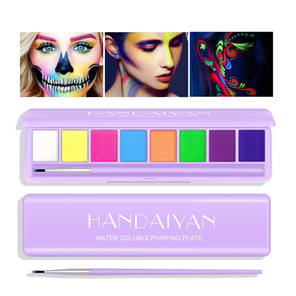 KYDA 8 Colours UV Glow Eyeliner Palette, Water-Activated Eyeliner Palette, High Pigment Eyeshadow Makeup Palette, Body Face Makeup Paint with Eyeliner Brush Set A