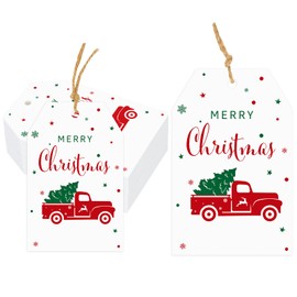 jijAcraft Christmas Gift Tags with String, 50 Pcs Merry Christmas Name Tags Car with Chritmas Tree Tags Happy Holiday Gift Tags for Gift Wrapping Label Name Present DIY Holiday Xmas Decoration