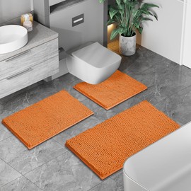 RUN HELIX Bathroom Rugs 3 Pieces Orange Bath Rugs Fall Shower Rugs with U-Shaped Contour Toilet Mat Absorbent Chenille Plush Bath Mats Non Slip Bath Rugs Bathroom Floor Mats Bath Mat Living Rug Set