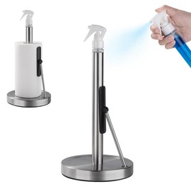 2 in 1 Stainless Steel Paper Towel Holder with Refillable Spray Bottle, Freestanding Tissue Rack with Suction Base & Weighted Arm, Kitchen, Dining – Compact & Stable Design