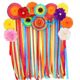 Auihiay 18PCS Mexican Fiesta Birthday Party Decoration, Cinco de Mayo Decorations with Paper Fans, Crepe Paper Flowers, Colored Streamers for Birthday, Wedding, Cinco De Mayo, Taco Party Decor