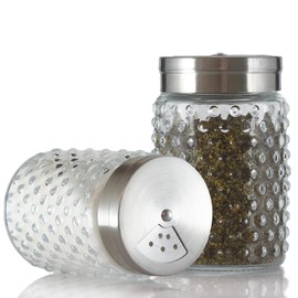 2 Pack Glass Salt and Pepper Shaker with 304 Stainless Steel Adjustable Lid, 120ml Refillable Spice Dispenser for Table, Kitchen(Short-Hobnail)