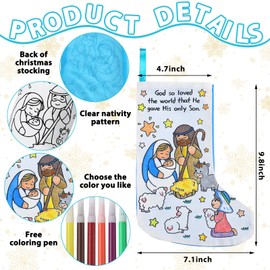Shinymoon 12 Pcs DIY Coloring Religious Christmas Stockings with Markers Color Your Own Christmas Stocking Xmas Holy Nativity Scene Stockings Family Set for Holiday Decor Kids DIY Crafts Gifts