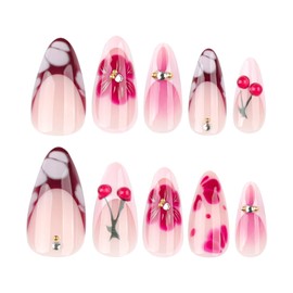 Flower Medium Almond Press on Nails Fake Nails French Tip with Floral and 3D Cherry Designs Full Cover Glossy Glue on Nails Acrylic False Nails for Women Girls 24 Pcs (Pink-3, M-3)