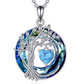 Tree of Life Necklace for Women 925 Sterling Silver Birthstone Pendant Chains with Crystal Anniversary Birthday Christmas Wedding Jewellery for Wife Sister, Sterling Silver, Opal