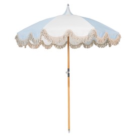 Funsite 6.5ft Pagoda Beach Umbrella with Fringe, UPF 50+ Boho Umbrellas with Carry Bag, Premium Wood Pole Foldable Tassel Umbrella for Outdoor Garden Lawn Pool Yard Table, Blue