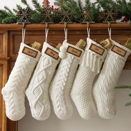 Farmhouse Knitted Personalized Christmas Stockings: 5 Pack 18 Inch Rustic Cable Knit Fireplace Cozy Hanging Xmas Stockings Boho Style Stocking Decorations for Family Holiday Décor, White Beige