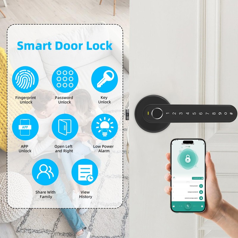 Smart Door Lock, Door Handle with APP Unlock, Biometric Door