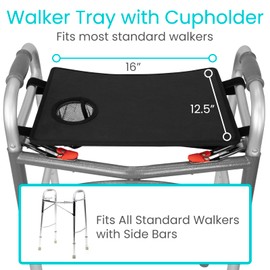 Vive Walker Tray for Folding Walker - (w/Cup Holder) - Adult Mobility Accessories - Fits Standard Walkers - Medical Table for Seniors Non Slip Mat for Food - Removable & Easy Assembly (Black)