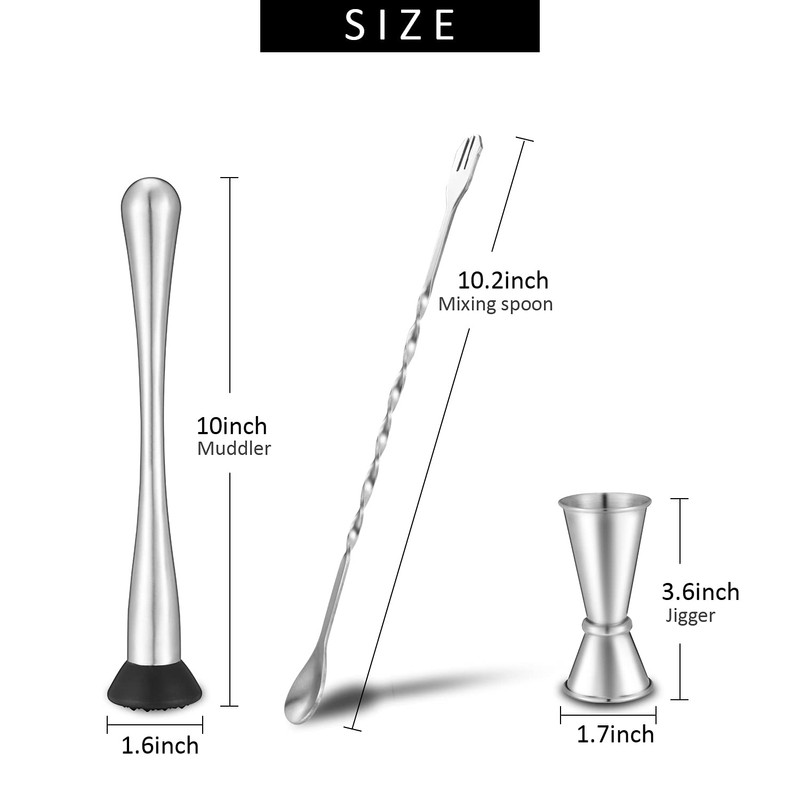 Stainless Steel Muddler for Cocktails,Mixing Spoon and Measuring Jigger,Professional Bar