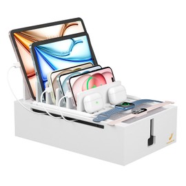 Pezin & Hulin Bamboo Charging Station, Electronic Devices Organizer for Multiple Devices Charger Such As Cell Phone, Tablet, Watch and More, White, (No USB Charger and Cables