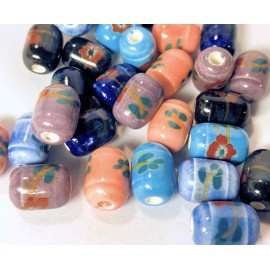 Platinum 30 Porcelain Medium 14x8mm Oval Tube Beads Mix with Floral Decal with 3mm Hole *