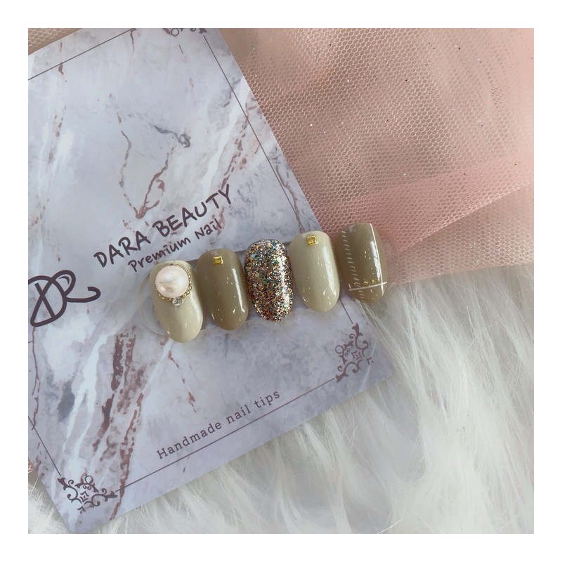 [Handmade nail tip] Nude tone pearl check nails / [수제네일팁]