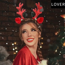 DIUEWOW Christmas Headbands Christmas Glitter Elk Antlers Hair Bands Red Sequin Reindeer Antler Headbands Holiday Party Accessory for Women and Girls