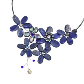 Simulated Blue Lapis-Lazuli and Cultured Freshwater Black Pearl Floral Choker Necklace
