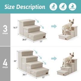 COZY KISS Dog Stairs with Storage, 3-Step Wider Sturdy Dog Steps for Small/Medium/Large Dogs and Older Cats, Folding Doggie Ramp for Bed/Couch/Car Hold Up to 210 lbs (16.7" H, Beige)