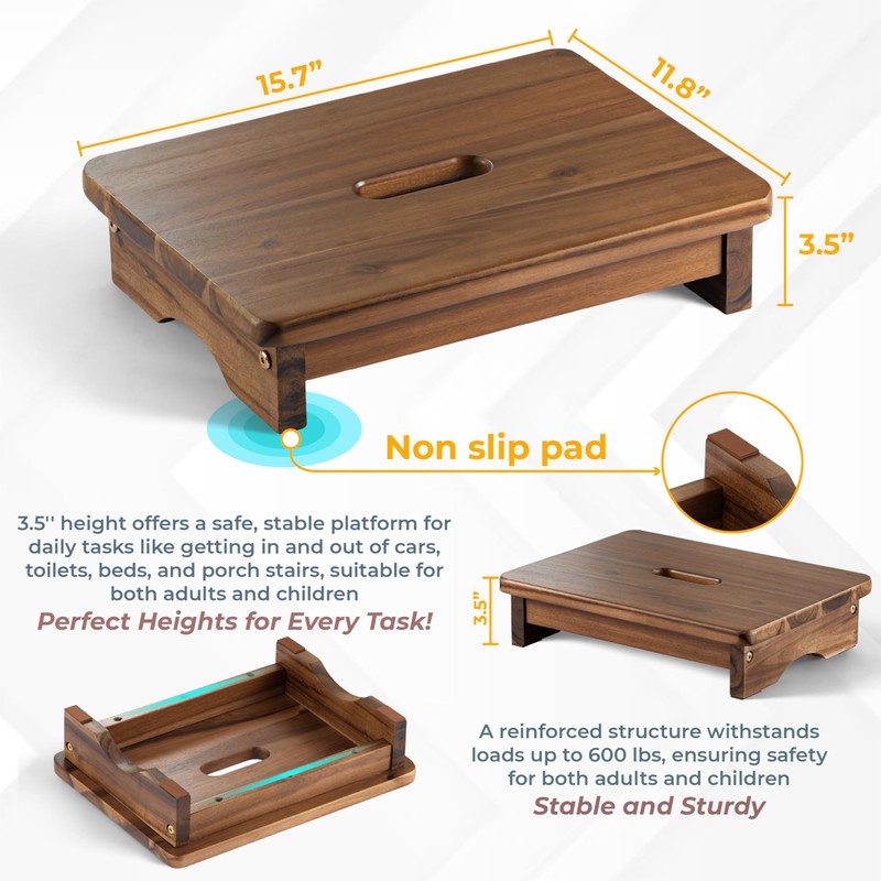 FANATU Wooden Step Stool - One Step, Heavy Duty, Nonslip,