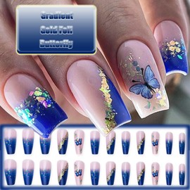 24Pcs Dark Blue Gradient Press on Nails Glossy Gold Glitter False Nails Gel Glue on Nails, Butterfly Medium Coffin Manicure Art Acrylic Fake Nails Stick on Nails with Curve Line Design for Women