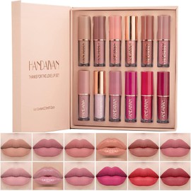 BAISEN DIARY Set De 12 Labiales Líquidos Mate Y Brillantes – Kit De Regalo Estilo Libro Para Mujeres Y Niñas – Brillo De Labios De Larga Duración E Impermeable Con Tonos Nude, Rosa Y Rojo, No Pegajoso