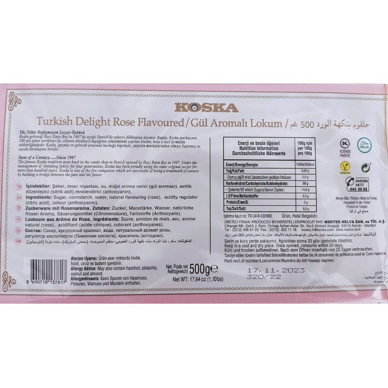 Turkish Delight Rose Flavoured 17.64 oz 1.10 Ibs 500 gr