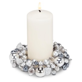Abbott Collection Beaded Pillar Candle Ring, Silver (6.5" D)