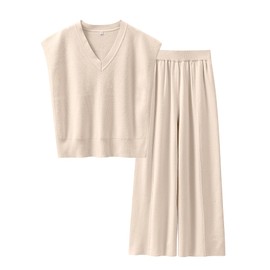 Caracilia Women's Summer 2 Piece Sweater Vest Sets Knit Top & Wide Leg Pants Lounge Matching Set 2025 Spring Airport Outfits Beige Large