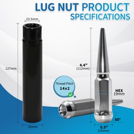 LUJIANI 24PCS M14x2.0 Spike Lug Nuts with 1 Socket Key，Solid 4.4" Tall Acorn 14mmx2.0 Wheel Accessories Parts，Chrome Spline Spike Lug Nut Compatible with 1994-2014 Ford F150, Ford 2000-2018 Expedition