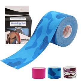 Kinesiology Tape 5CM*5M, Cotton Elastic Athletic Tape Uncut, JOMWEN Latex Free, Water Resistant Rock Tape KT Tape for Muscles, Physical Therapy，Stays on for Several Days (Blue Camou)
