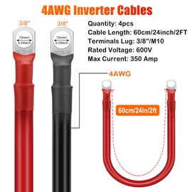 Amfuujoy 4PCS 4 AWG 24 Inch Battery Cable, 60CM 4 Gauge 25mm² Pure Copper Battery Inverter Cables Set, with 3/8" Lugs Terminals Power Inverter Wire, for Auto Car Marine Truck RV Solar Panel (2FT)