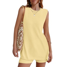 NENONA Womens 2025 Knitted Lounge Sets Sleeveless Tunic Top Matching Shorts Beach Vacation Set,Yellow,M