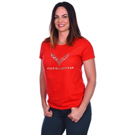 JH DESIGN GROUP Women's Chevy Corvette C7 Emblem T-Shirt Black Red Heather-Gray (US, Alpha, Large, Regular, Regular, Red Silver Foil Shirt)