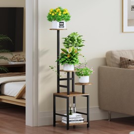 Round Plant Stand Indoor with Grow Light, 5-Tiered Tall Plant Stand Indoor, Metal Plant Shelf with Hanging Basket Hook and Adjustable Light, Ideal for Living Room, Garden, Patio (Black Brown)