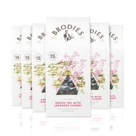Brodies - Green Tea With Japanese Cherry - 100% Natural Eco-Friendly and Sustainably Sourced - 6 Boxes Of 15 Tea Bags - Total Of 90 Plastic Free Pyramid Teabags