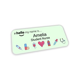 Customised Print Hello My Name is Badge Green Medical Icons Design 76 x 32 mm Student Doctor GP Healthcare Assistant Nurse Practitioner Clinical Medical