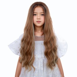 Edivd Girls Copper Wig Children Long Orange Wavy Curly Wig kids Middle Part Wigs Heat Resistant Synthetic Wigs with Cap