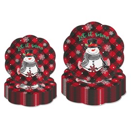 LeZakaa 50Pcs Christmas Paper Plates Sets - Let It Snow Lettering & Snowman in Red Plaid Design Disposable Party Plates Decorative Tableware Supplies Table Decor - 7 Inch & 9 Inch