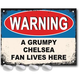 Chelsea FC Gifts for Men - or Boys Funny Football Grumpy Chelsea Fan Lives Here Metal Sign, Mens Metal Poster for Dads FC Man Cave or Home Bar Signs