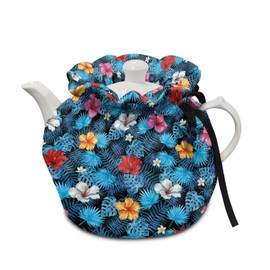 Poceacles Teapot Dust Protection Insulated Tea Cosy to Keep Warm, Tropical Palm Leaf Hibiscus Tea Kettle Dust Protection Home Kitchen Decorative Teapot Cover Cosy Washable, Blue