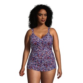 Lands' End Womens Slender V-Neck Tunic One Piece Swimsuit Deep Sea Navy Retro Paisley DDD-Cup Plus 24w