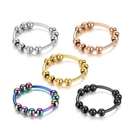 T TAKONE Pack of 5 Anti-Stress Ring - Stress Ring with Colourful Beads, Efficient Relief of Anxiety and Anti-Stress Ring, Ideal as an Anxiety Ring for Girls and Women, Stainless Steel, /