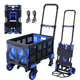 2-in-1 Folding Hand Truck & Dolly with Collapsible Basket - 330lbs Capacity Heavy Duty, 4 Non-Marking Wheels, Retractable Handle for Moving, Warehouse, Shopping Blue